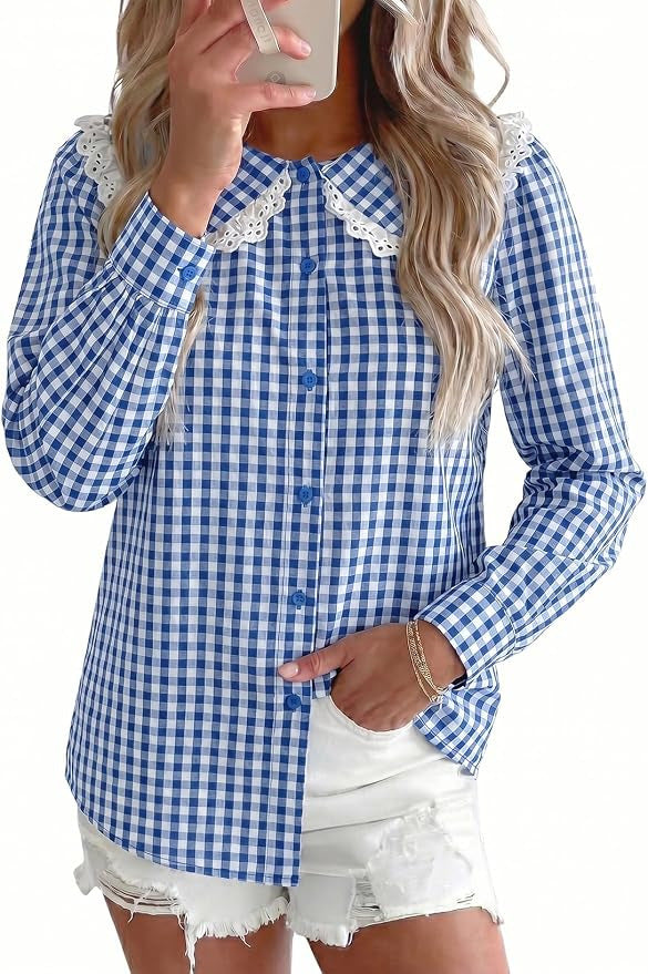 Gingham Check Peter Pan Collar Blouse - Blue