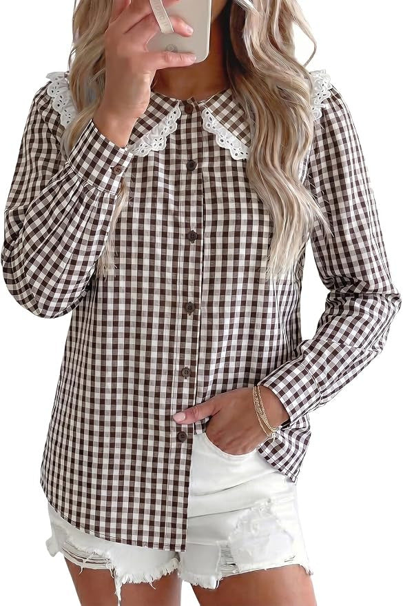 Gingham Check Peter Pan Collar Blouse - Coffee