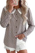 Gingham Check Peter Pan Collar Blouse - Coffee