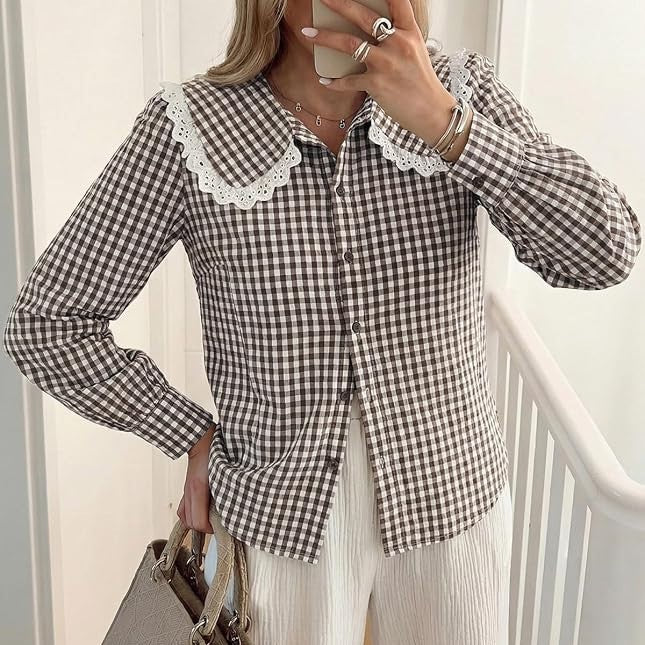 Gingham Check Peter Pan Collar Blouse - Coffee - 1