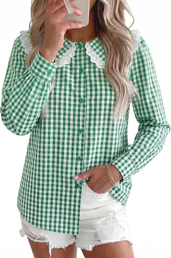 Gingham Check Peter Pan Collar Blouse - Green
