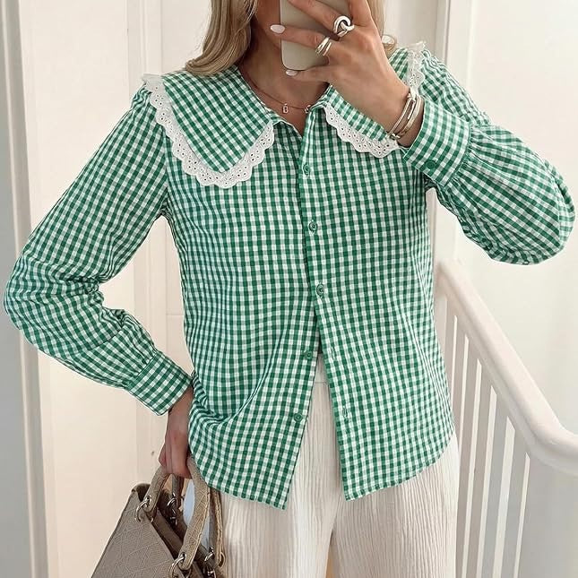 Gingham Check Peter Pan Collar Blouse - Green - 1