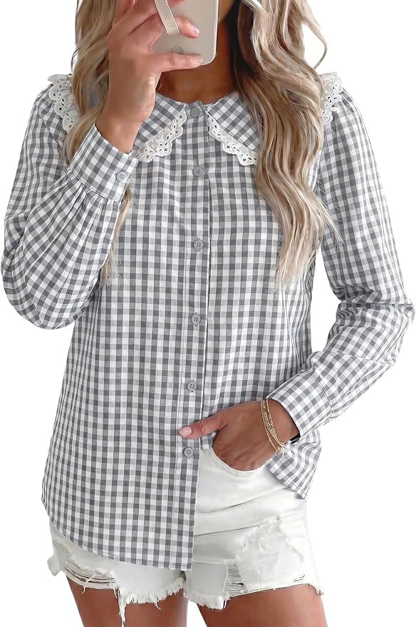 Gingham Check Peter Pan Collar Blouse - Grey