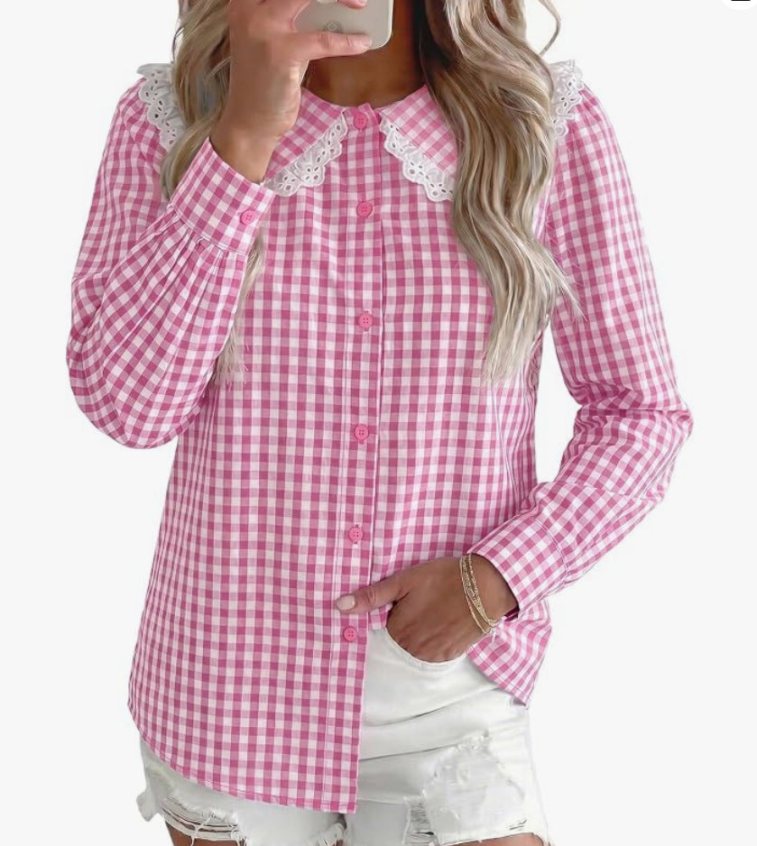Gingham Check Peter Pan Collar Blouse - Pink
