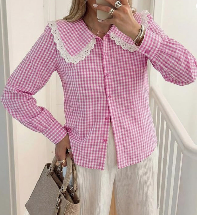 Gingham Check Peter Pan Collar Blouse - Pink - 1