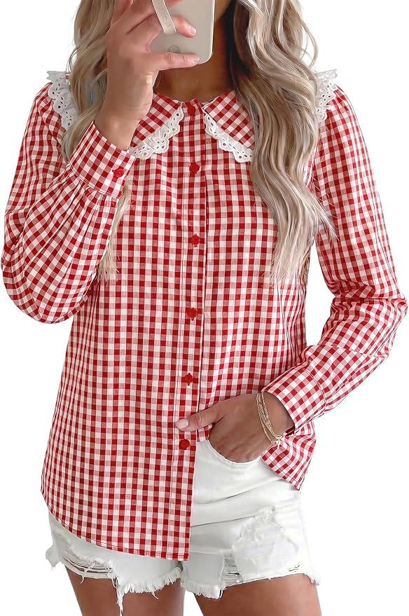 Gingham Check Peter Pan Collar Blouse - Red