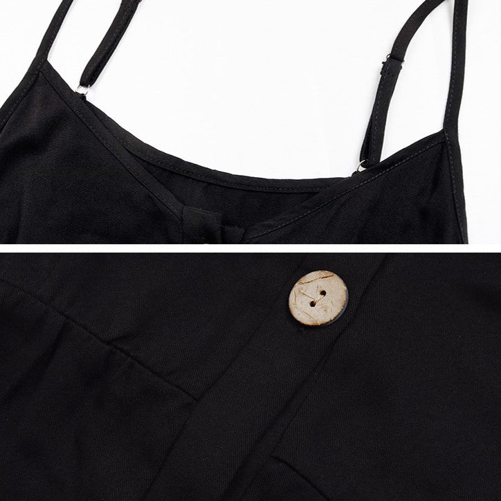 Lace Trim Button Front Cami Midi Dress - Black - 2