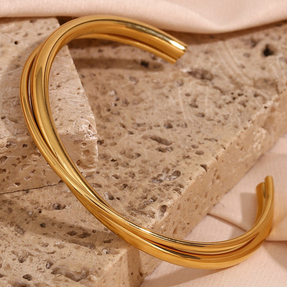 Double Layer Crossover Open Cuff Bracelet - Gold