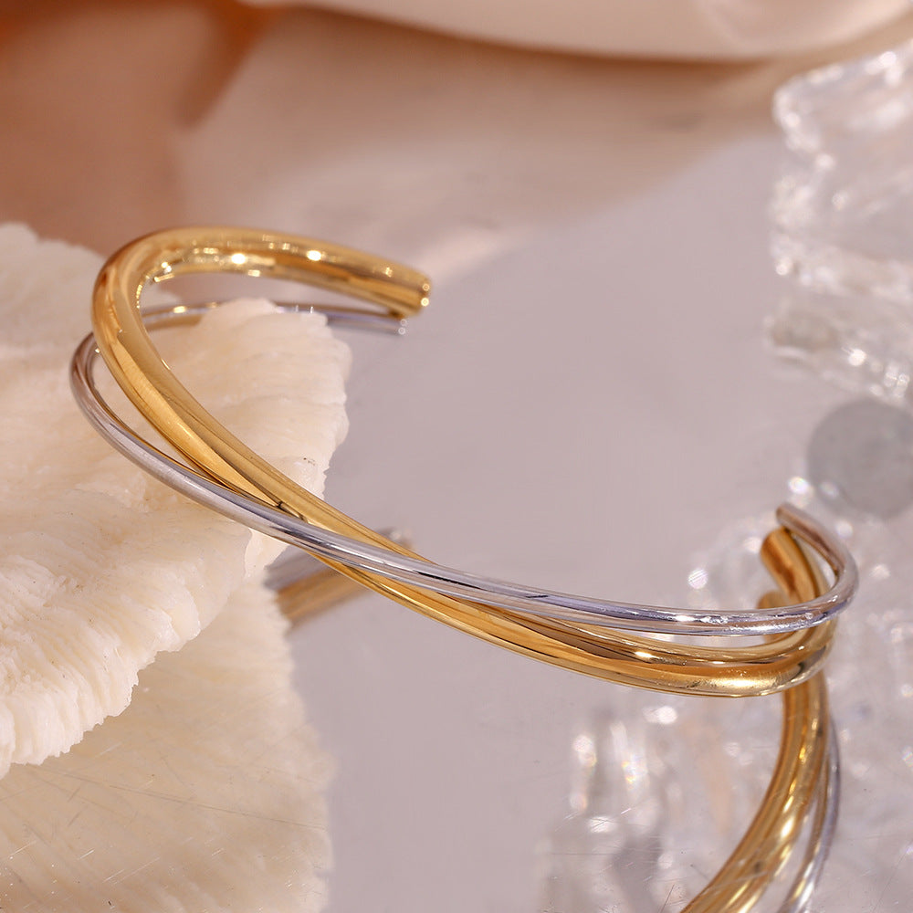 Double Layer Crossover Open Cuff Bracelet - TwoTone