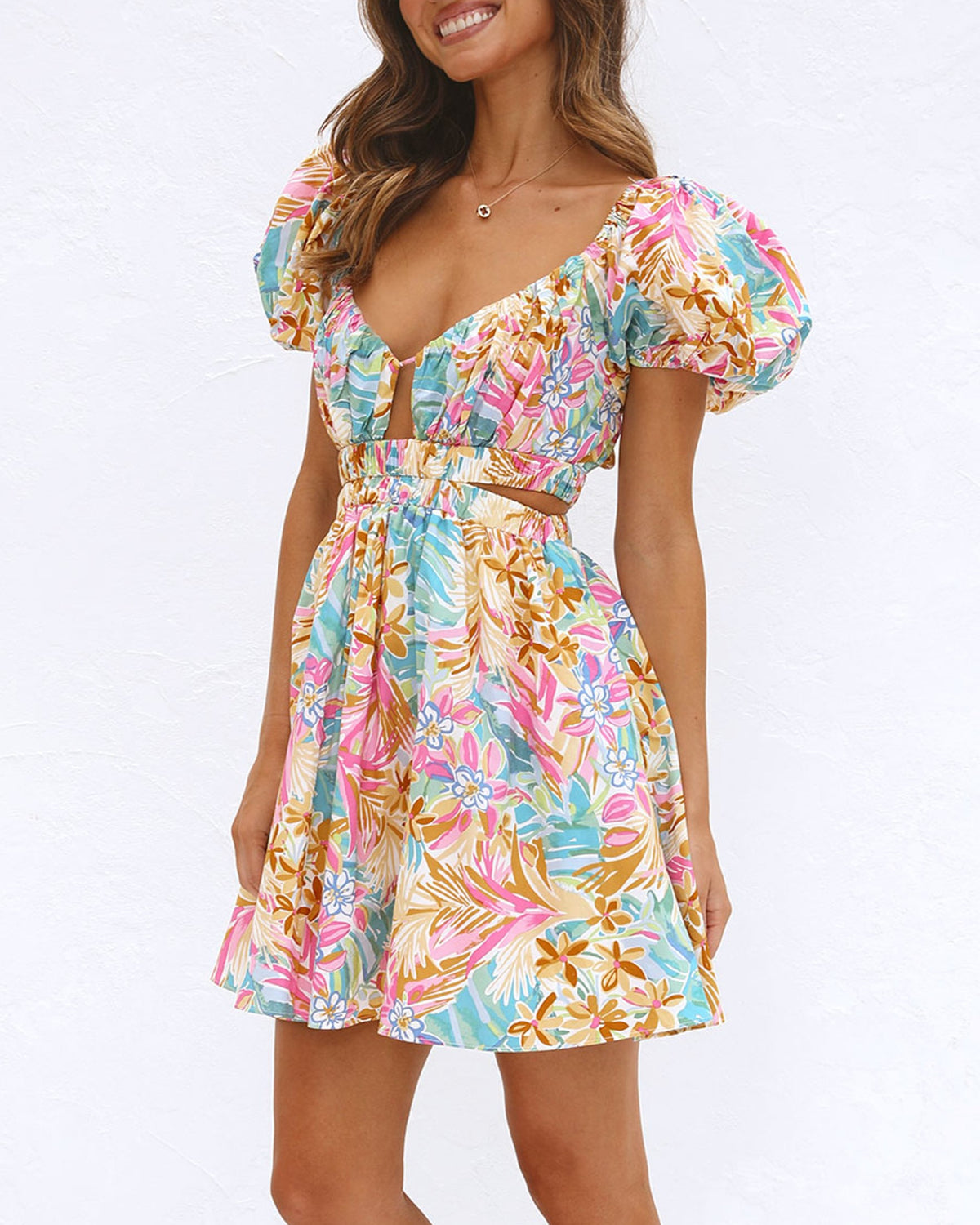 Tropical Floral Puff Sleeve Cutout Mini Dress - Decor