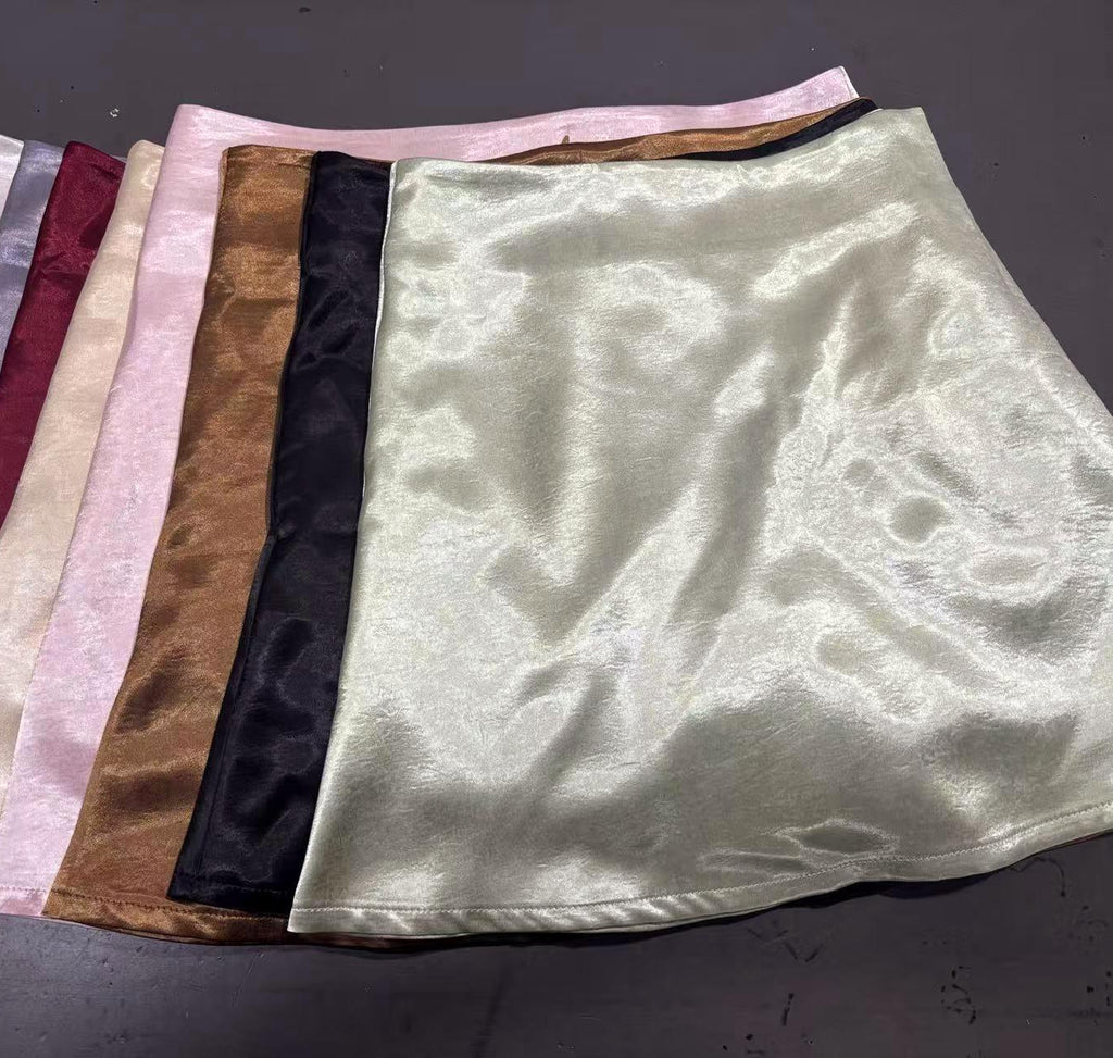 Silky Satin A Line Mini Skirt - Apricot - 1