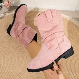 Slouchy Faux Suede Pull On Mid Calf Boots - Pink