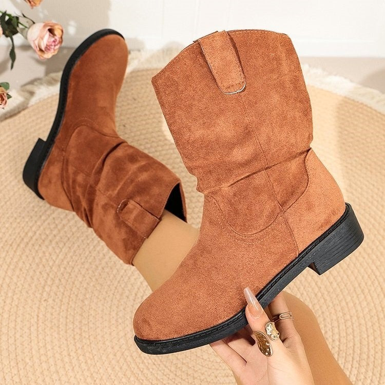 Slouchy Faux Suede Pull On Mid Calf Boots