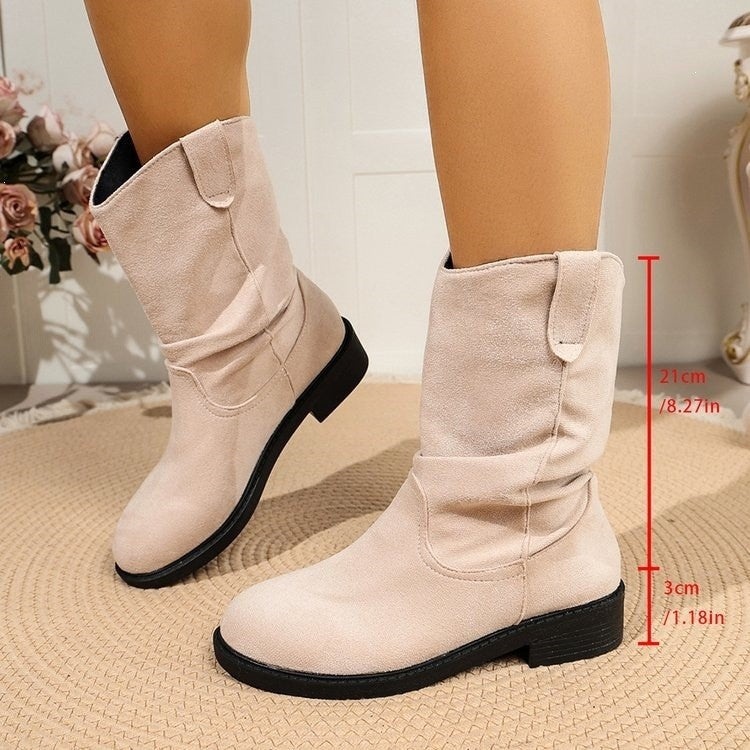 Slouchy Faux Suede Pull On Mid Calf Boots
