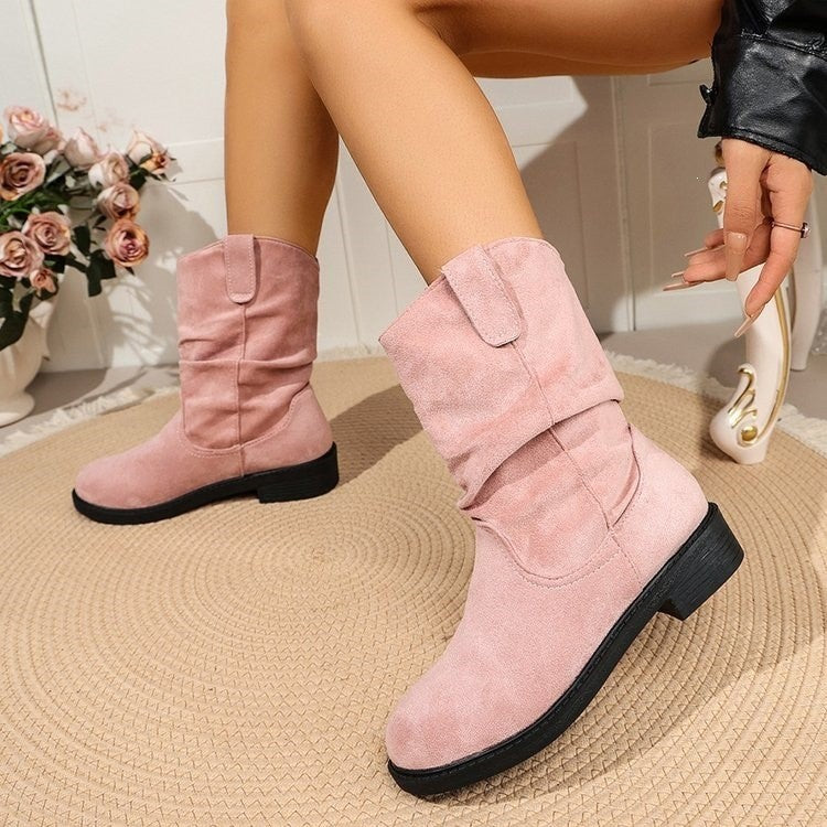 Slouchy Faux Suede Pull On Mid Calf Boots
