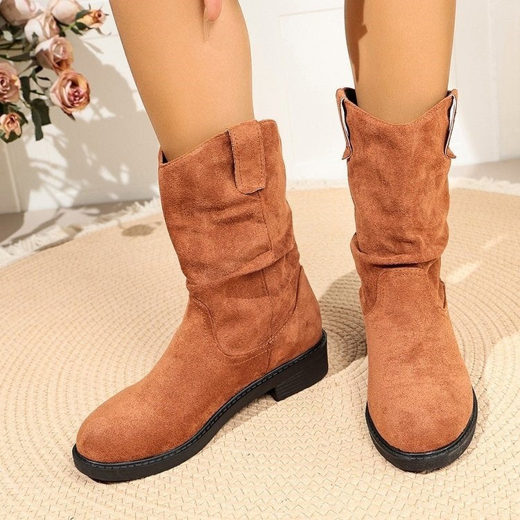 Slouchy Faux Suede Pull On Mid Calf Boots