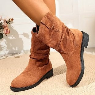 Slouchy Faux Suede Pull On Mid Calf Boots