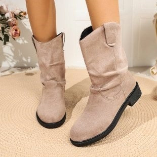 Slouchy Faux Suede Pull On Mid Calf Boots