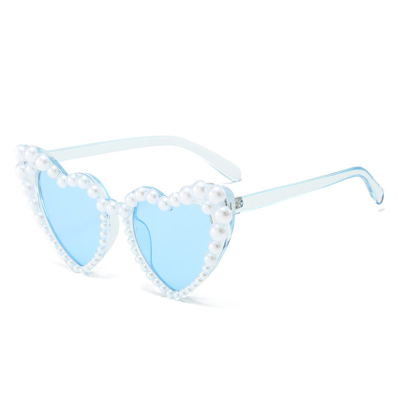 Pearl Trimmed Heart Cat Eye Sunglasses - Blue