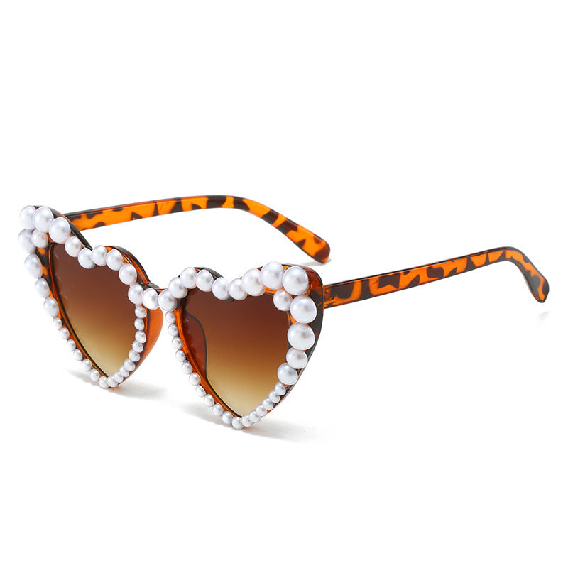 Pearl Trimmed Heart Cat Eye Sunglasses - Leopard