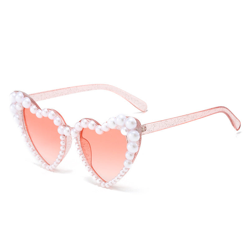 Pearl Trimmed Heart Cat Eye Sunglasses - Peach