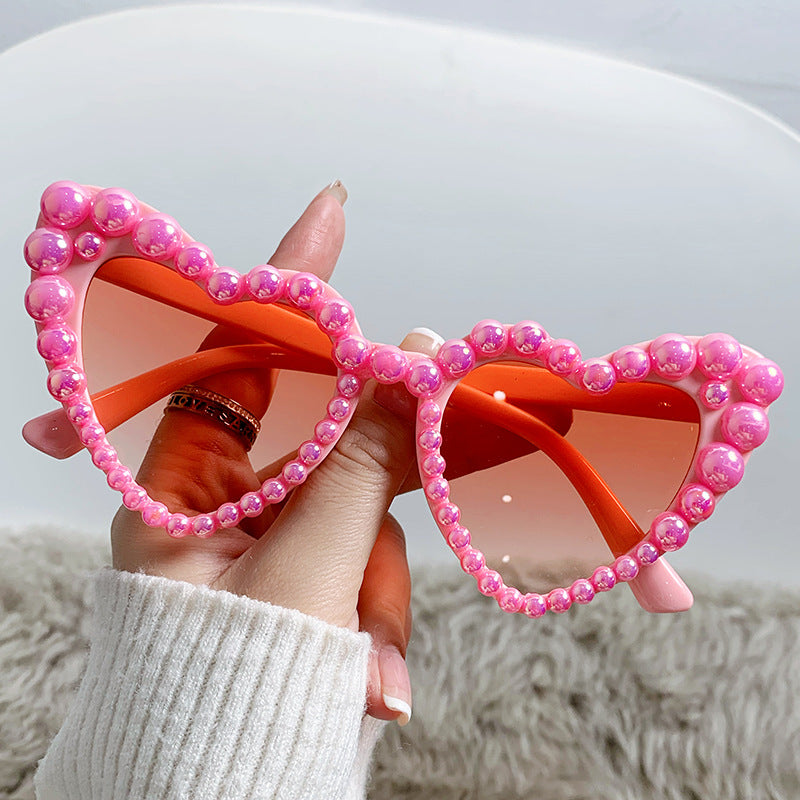 Pearl Trimmed Heart Cat Eye Sunglasses - Pink