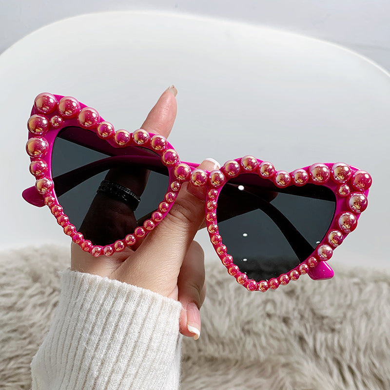Pearl Trimmed Heart Cat Eye Sunglasses - Rose