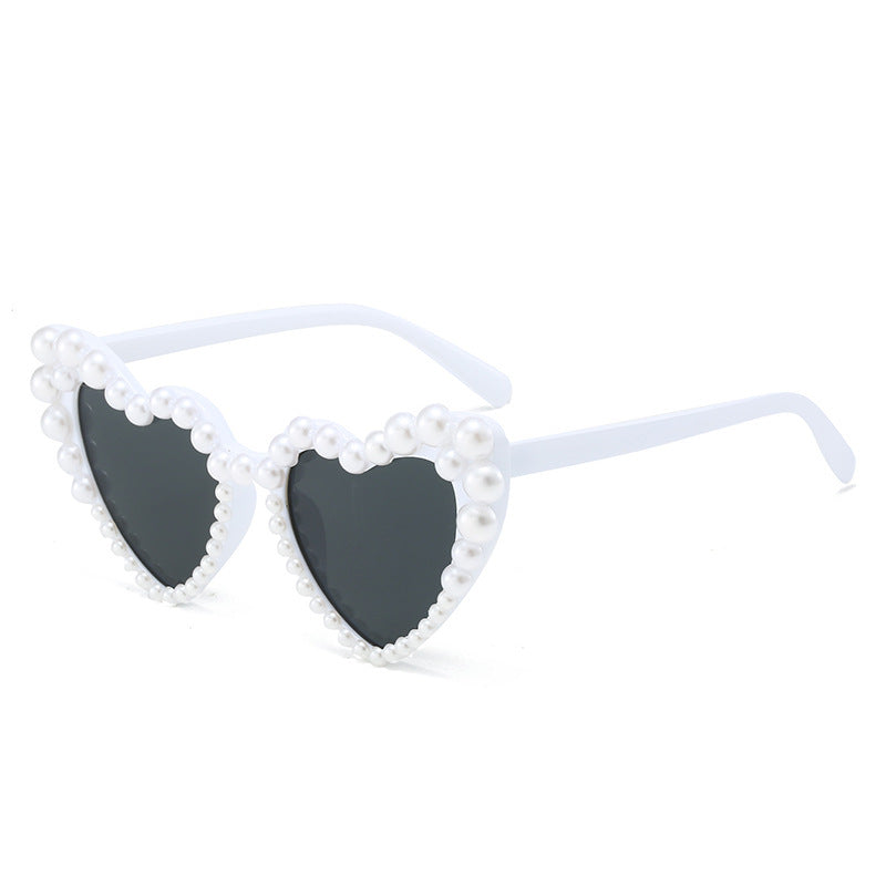 Pearl Trimmed Heart Cat Eye Sunglasses - White