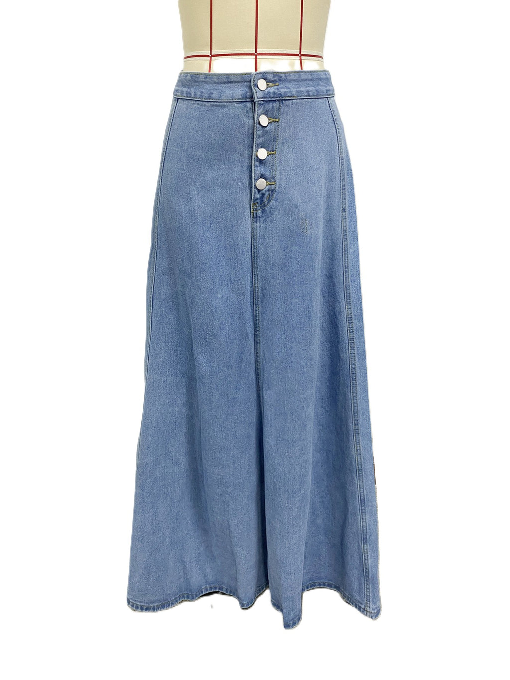 Button Front Denim Midi Skirt A Line - Blue