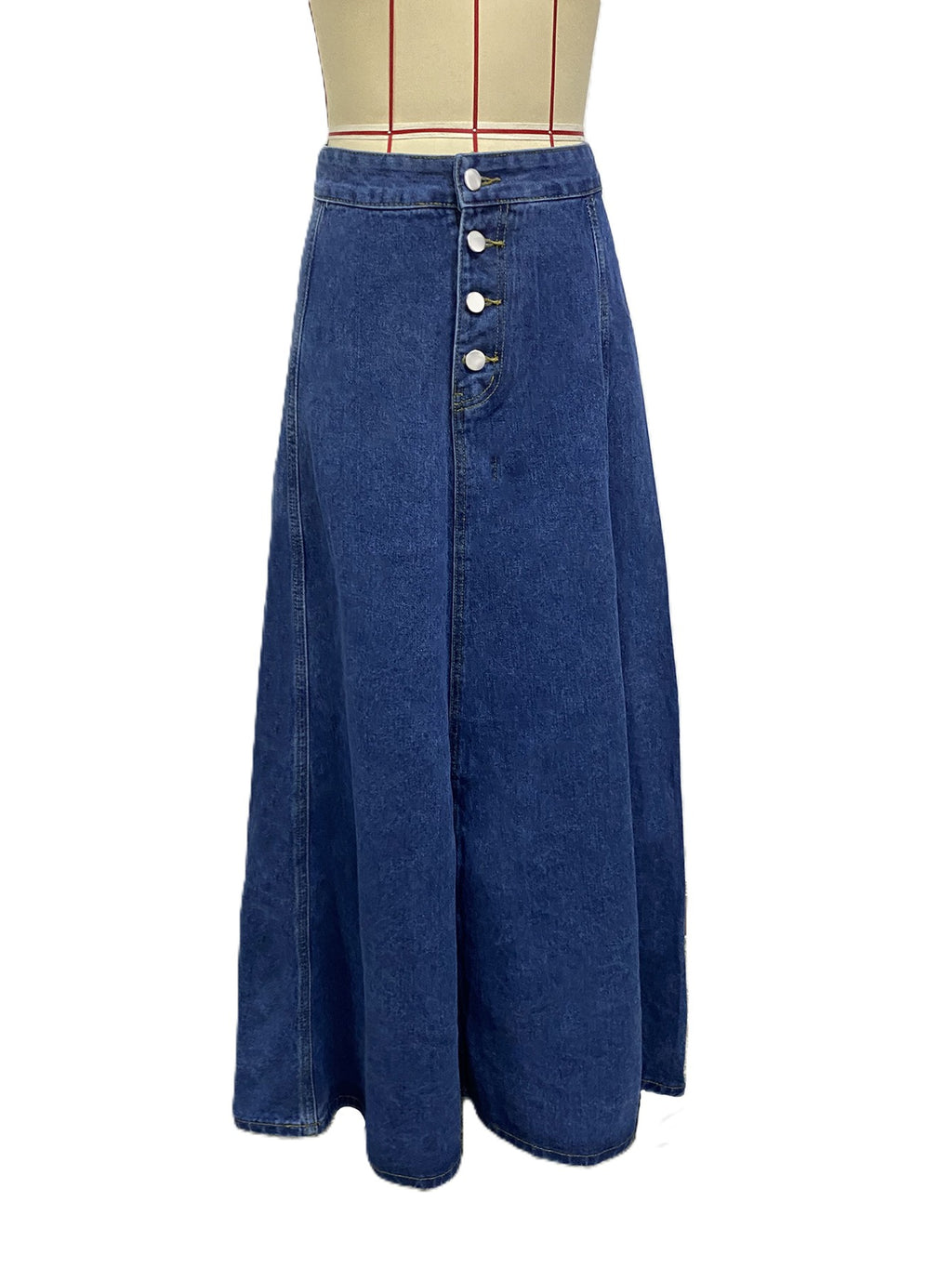 Button Front Denim Midi Skirt A Line - DarkBlue