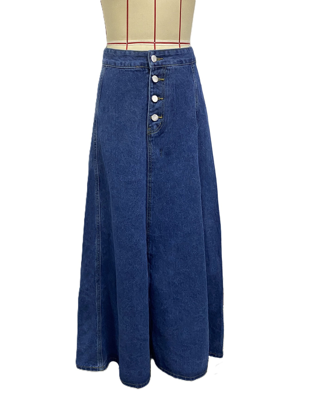 Button Front Denim Midi Skirt A Line - DarkBlue