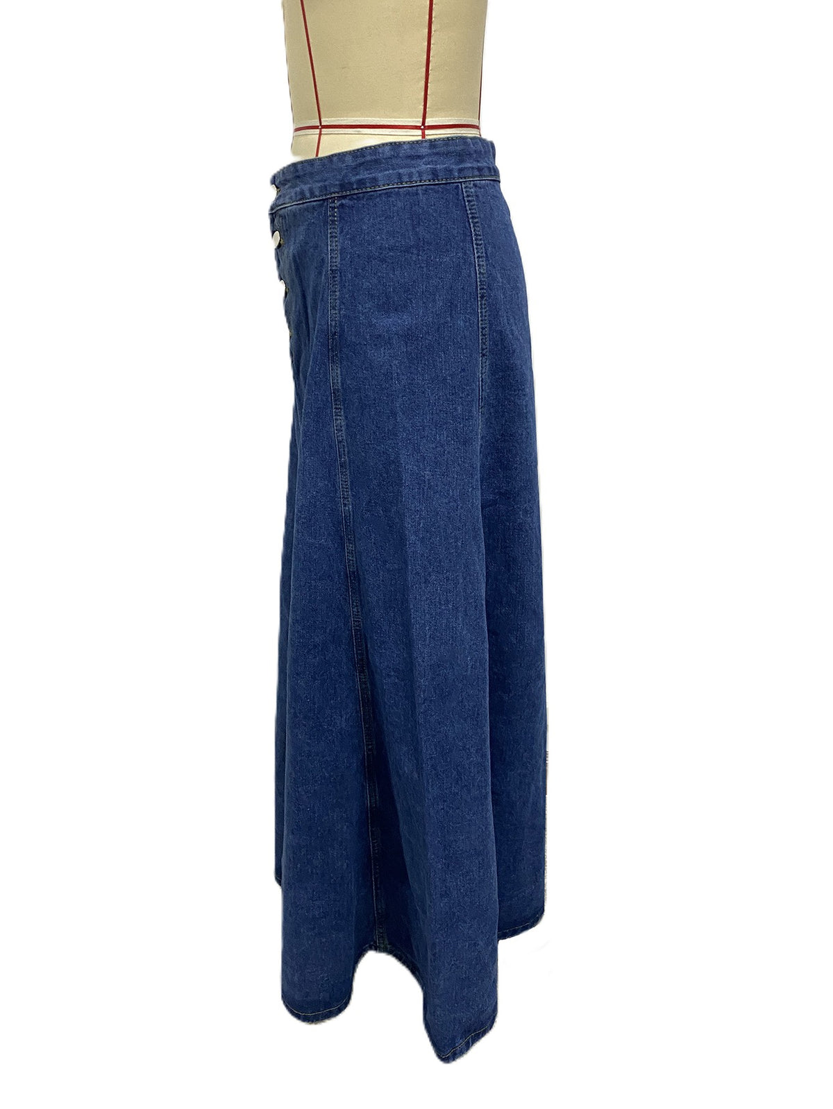 Button Front Denim Midi Skirt A Line - DarkBlue - 1