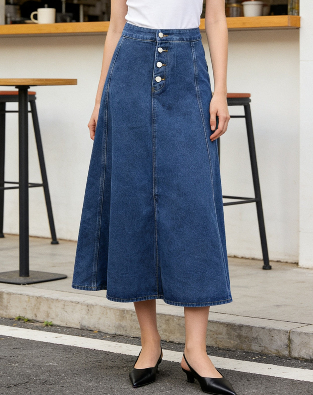Button Front Denim Midi Skirt A Line