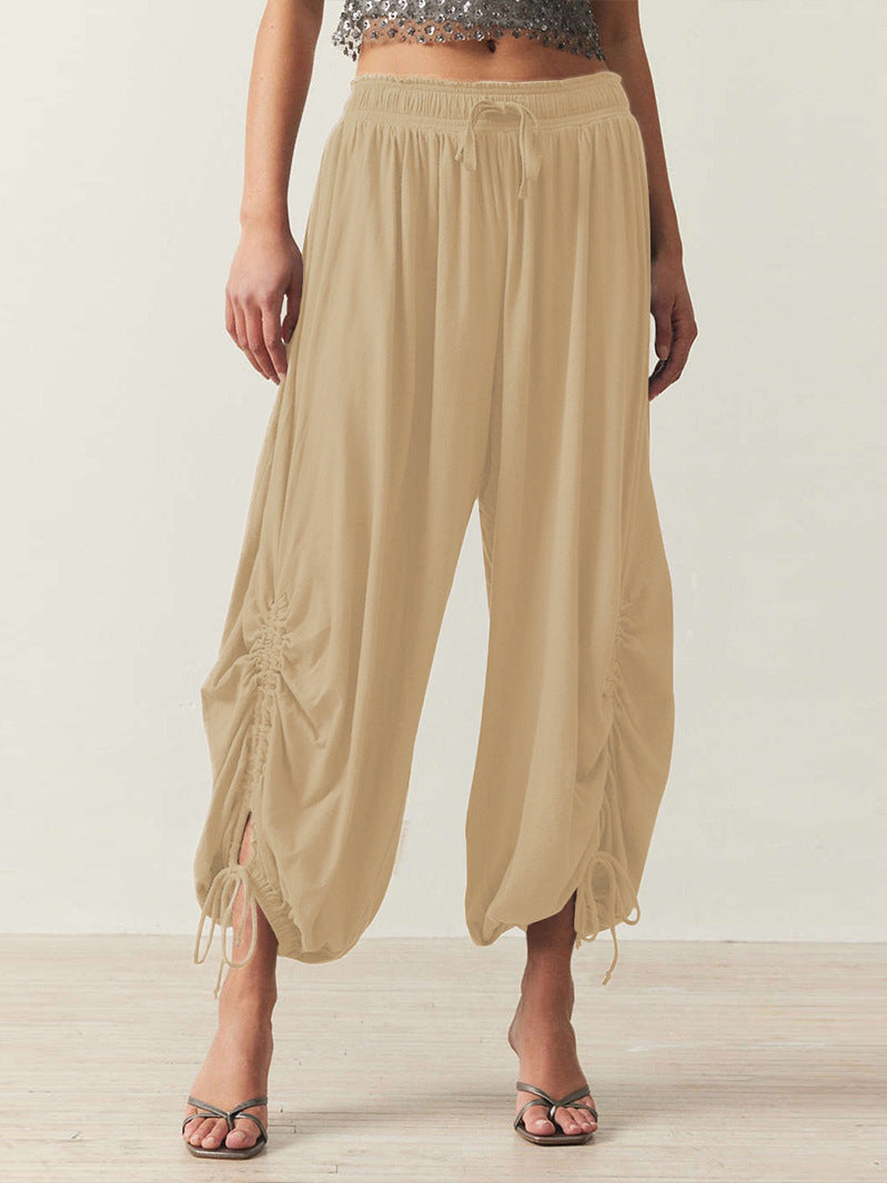Ruched Hem Wide Harem Lounge Pants - Apricot