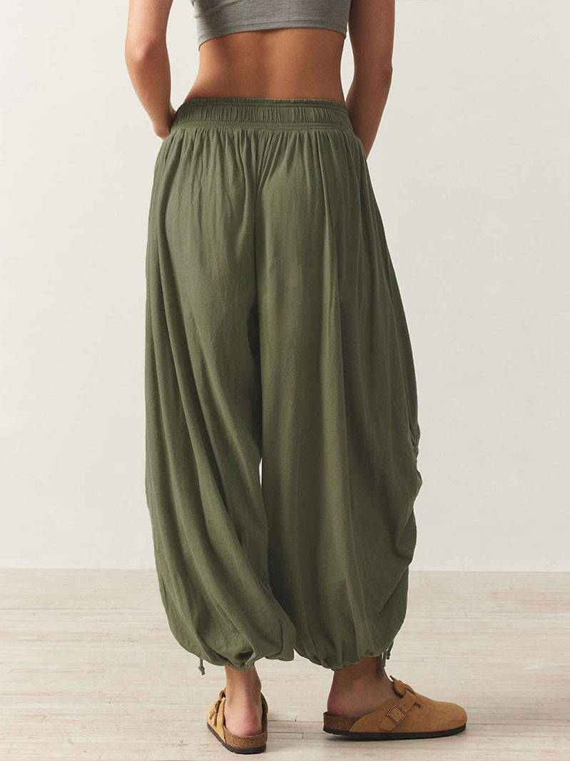 Ruched Hem Wide Harem Lounge Pants - Green - 1