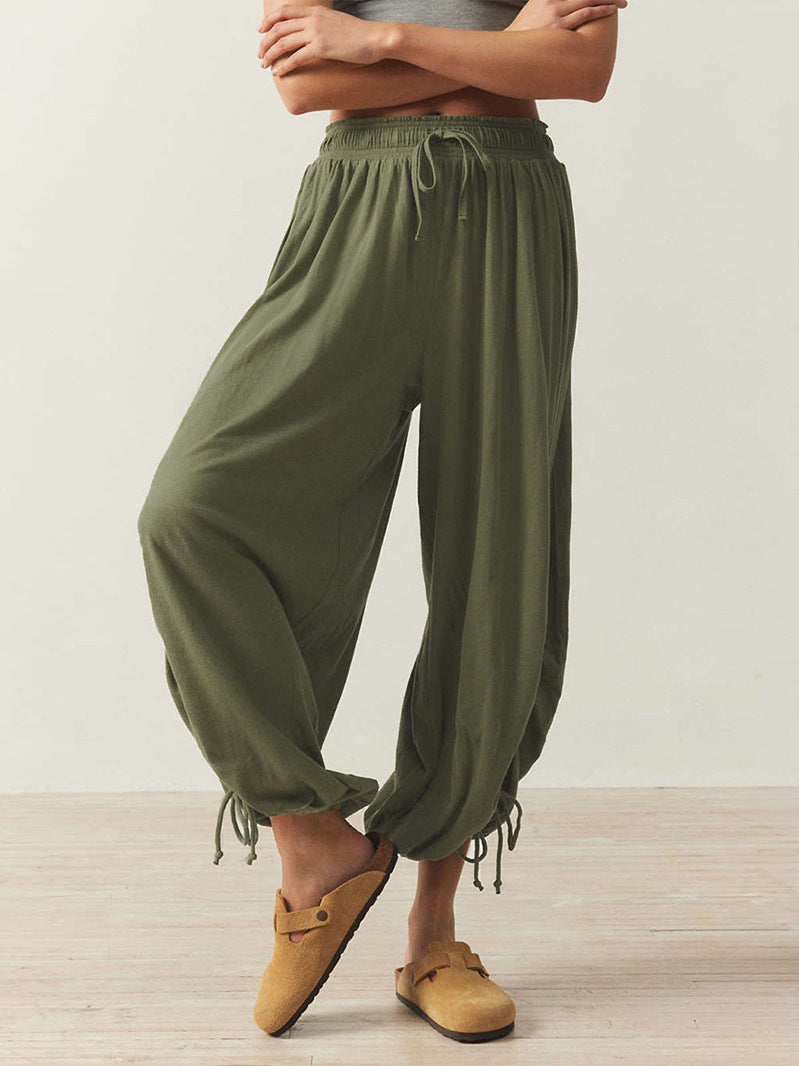 Ruched Hem Wide Harem Lounge Pants - Green - 2