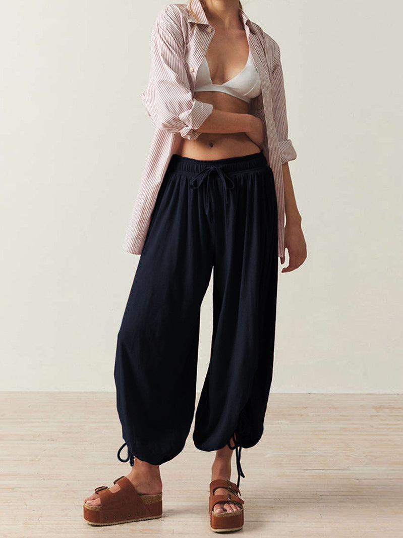 Ruched Hem Wide Harem Lounge Pants - Navyblue