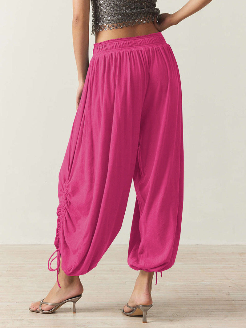 Ruched Hem Wide Harem Lounge Pants - Rosered - 1
