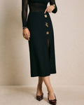 Button Trim Front Slit Bodycon Midi Skirt - Black