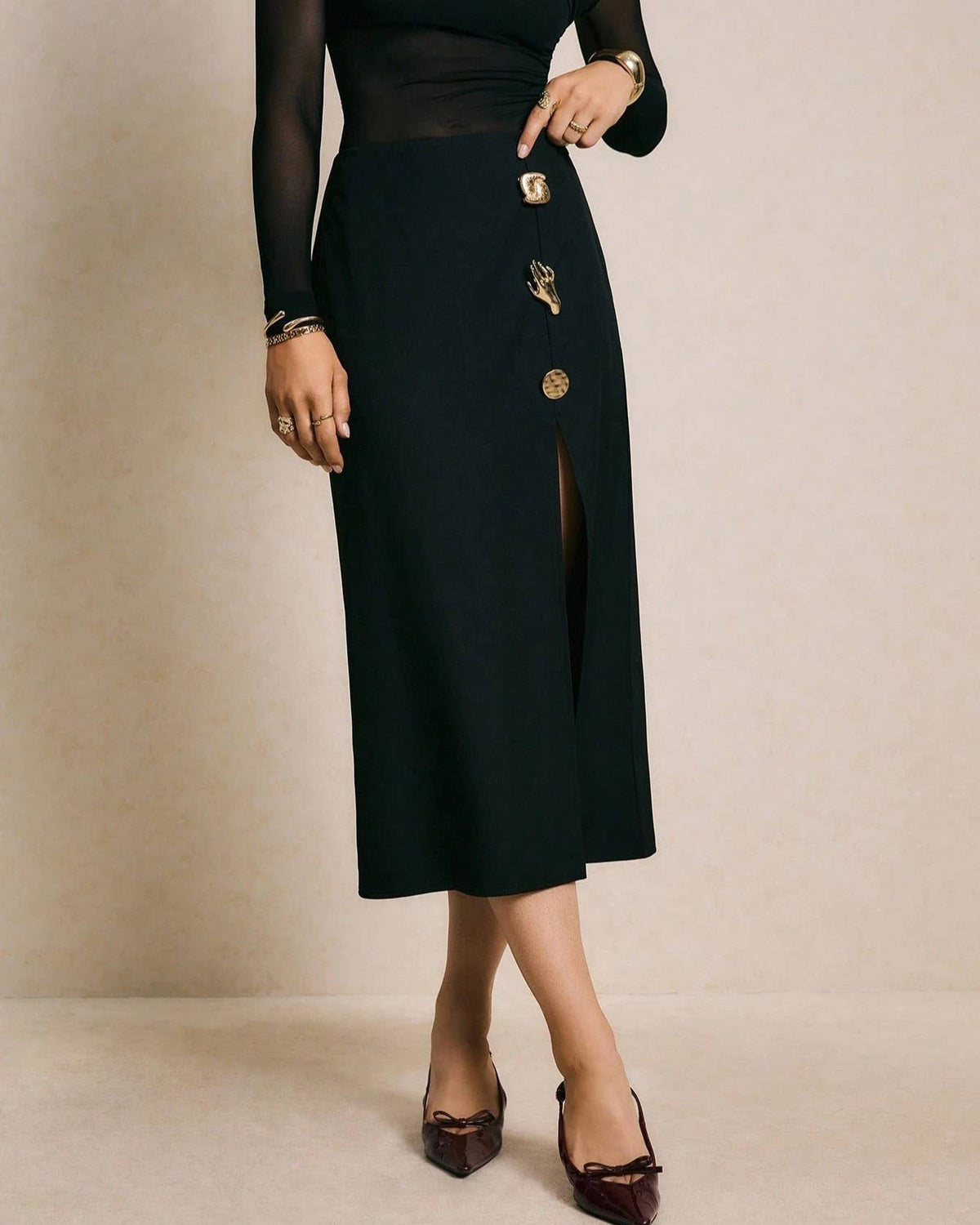 Button Trim Front Slit Bodycon Midi Skirt