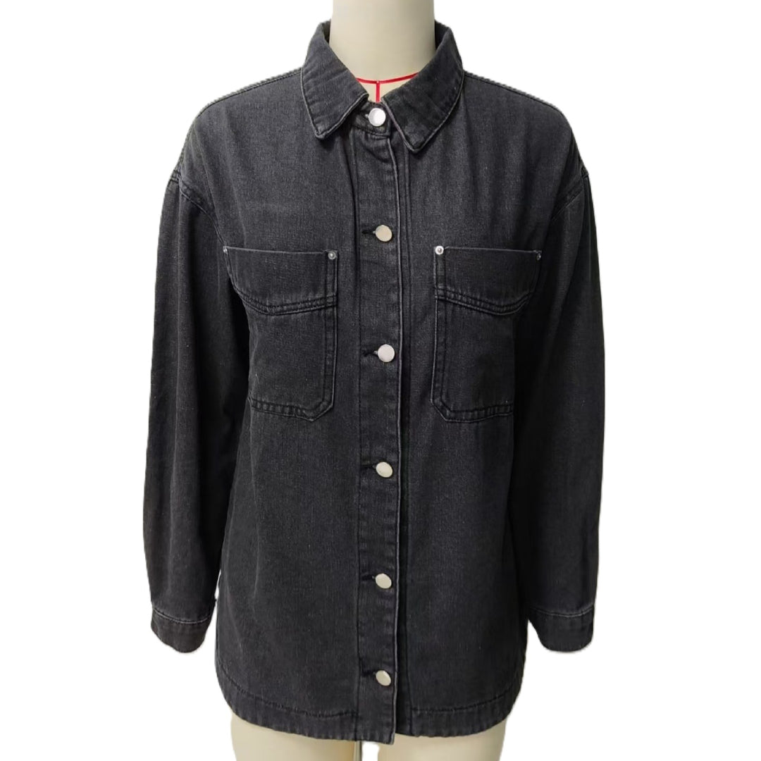 Oversized Denim Shacket With Chest Pockets - Black