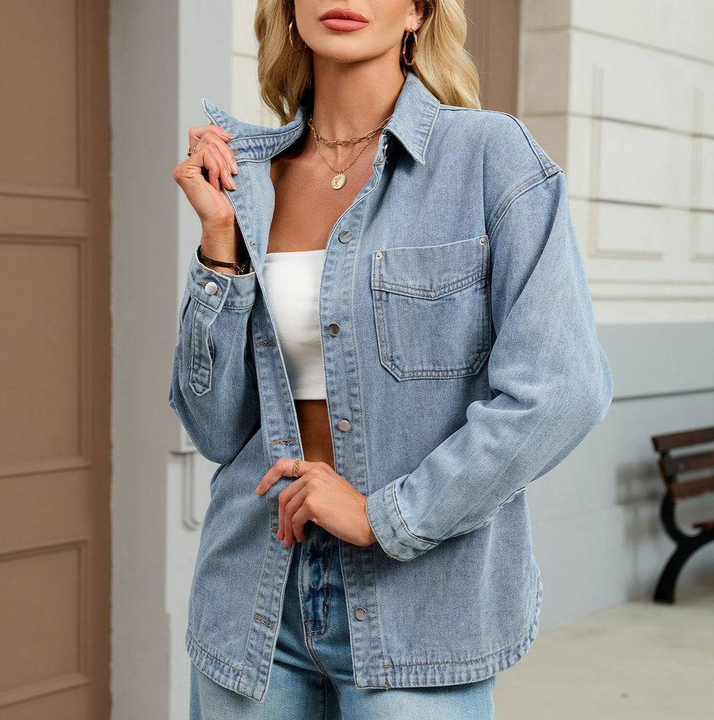 Oversized Denim Shacket With Chest Pockets - Blue