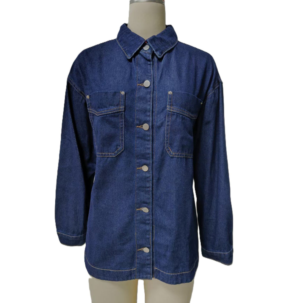 Oversized Denim Shacket With Chest Pockets - DarkBlue - 1