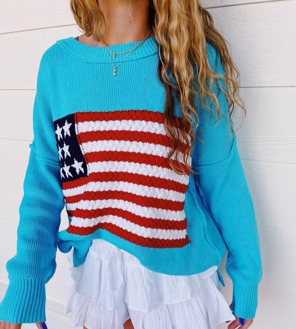 Chunky Knit Flag Crewneck Sweater - Blue