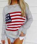 Chunky Knit Flag Crewneck Sweater - Grey