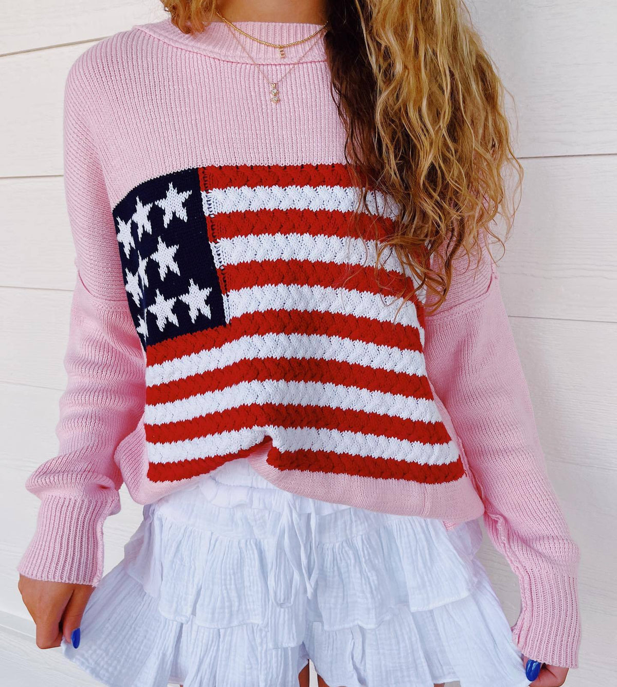 Chunky Knit Flag Crewneck Sweater - Pink
