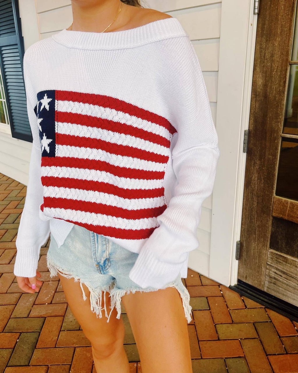 Chunky Knit Flag Crewneck Sweater - White