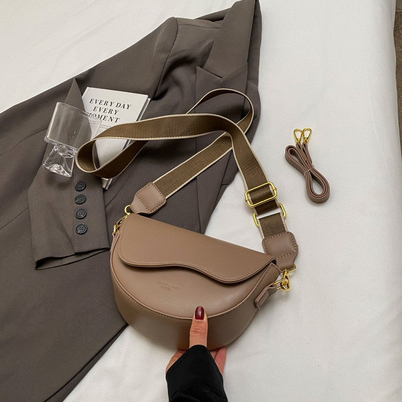 Wave Flap Half Moon Crossbody Saddle Bag - Taupe