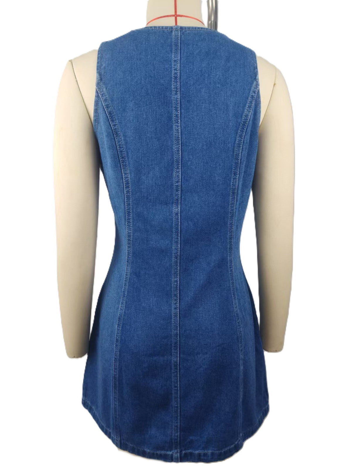 Denim Mini Pinafore Dress with Adjustable Straps - Blue - 2