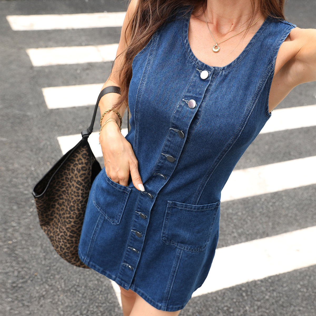 Denim Mini Pinafore Dress with Adjustable Straps - Dark Blue
